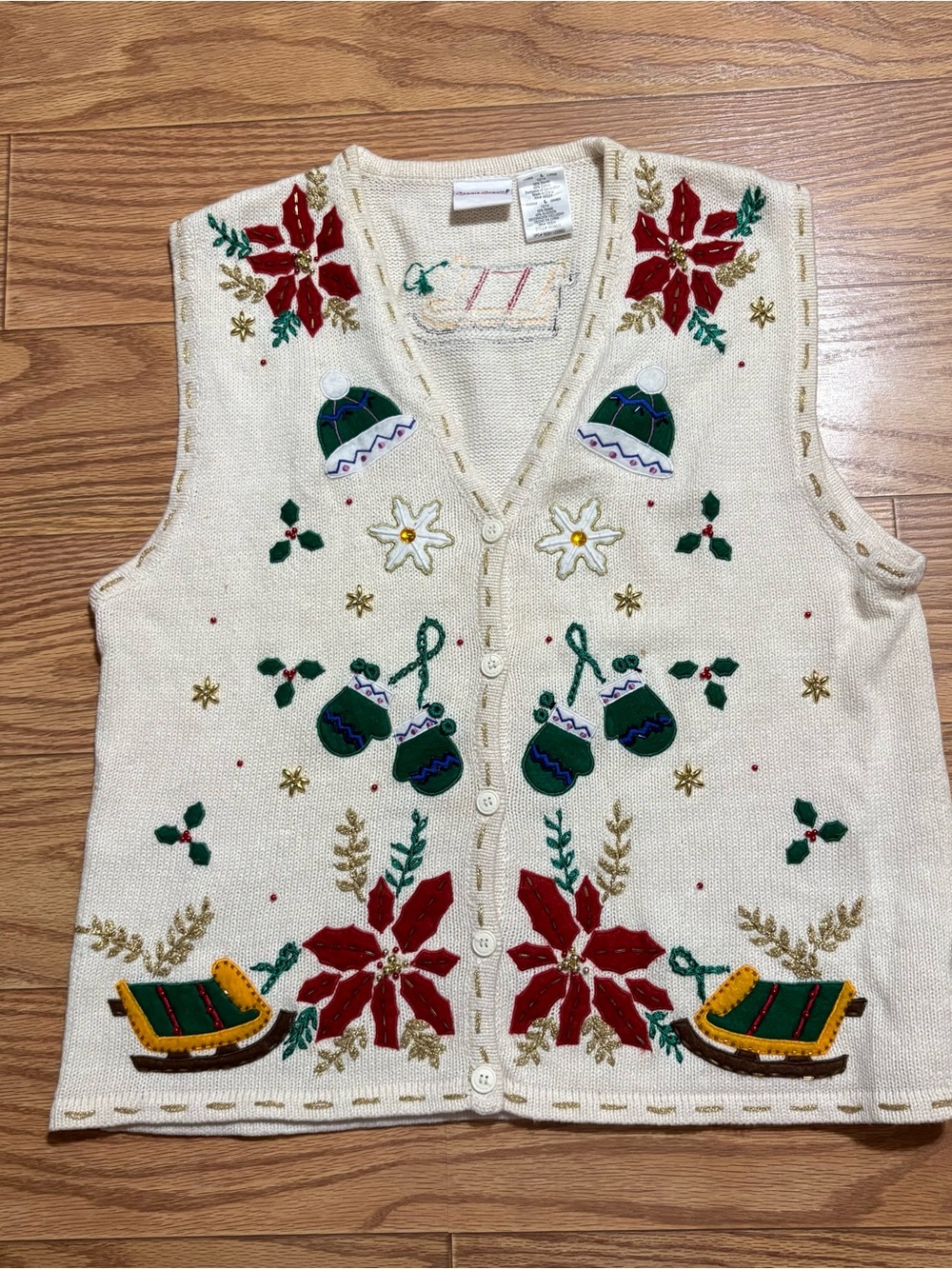 Vintage Bobbie Brooks Ugly Christmas Sweater Vest Womens L Beaded Embroidered